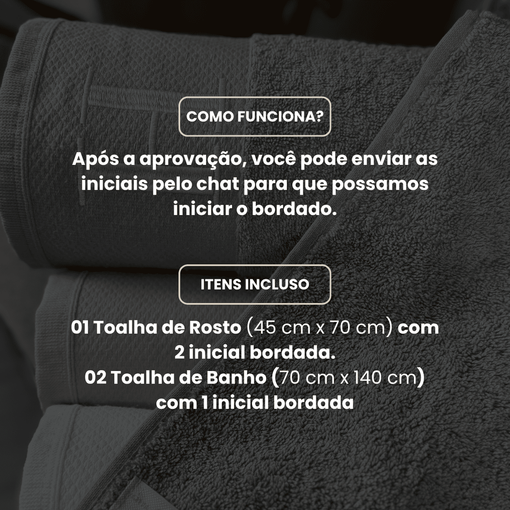 Kit 3 Peças de Toalha de Banho e Rosto Bordadas com Duas Iniciais – 100% Algodão Fio Penteado 540g